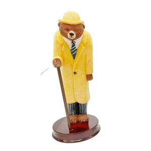 Brown Bear In Yellow Coat Hat Resin Holding A Cane Standing On Wood Base 7.5"